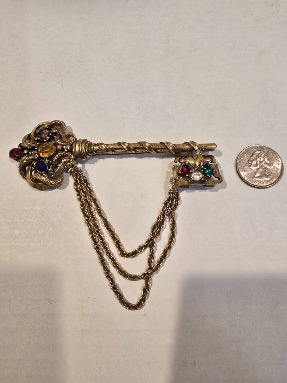 Pin Gold-tone Skeleton Key Chatelaine Ornate Handle Cabochons Rhinestones 1980s